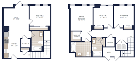 Floor plan for 4 beds, 3 baths, 1364 sqft